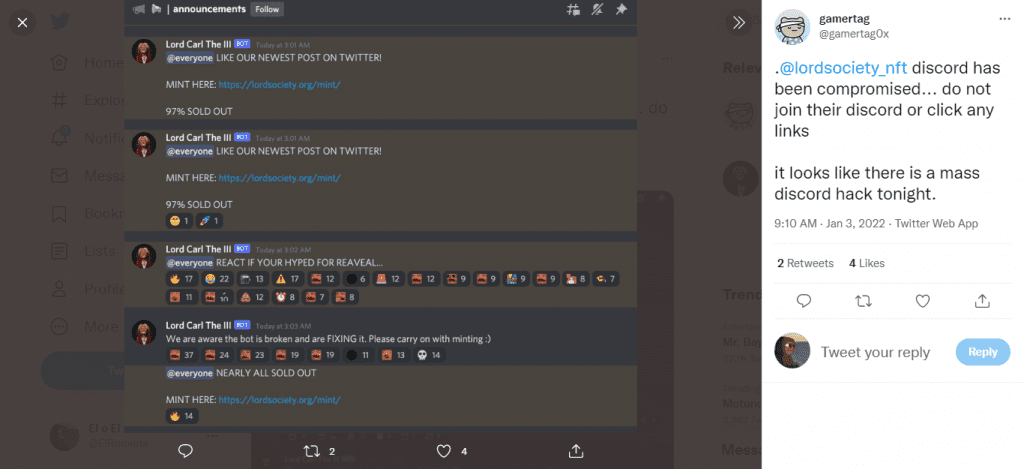 screenshot showing a hacked discord server, one of the common NFT scams