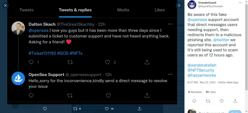 screenshot of fake opensea technical support NFT scam