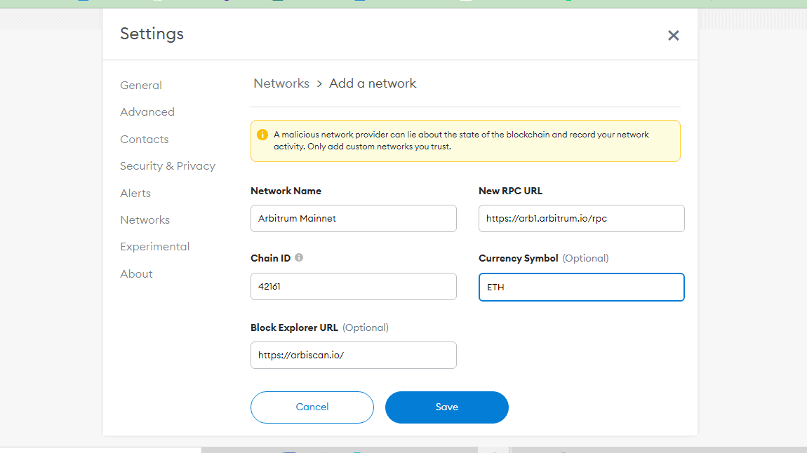 screenshot on how to add arbitrum to metamask step 3