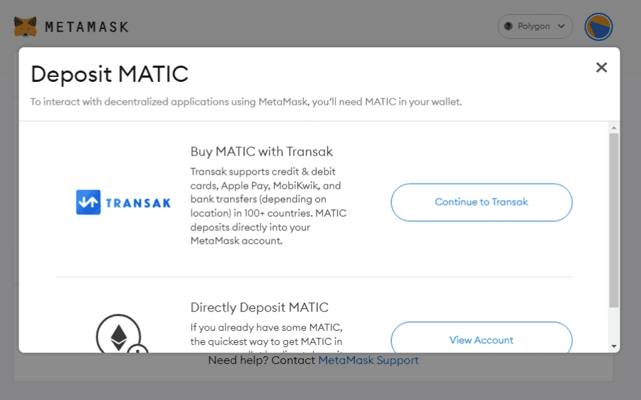 you can buy matic on metamask using transak