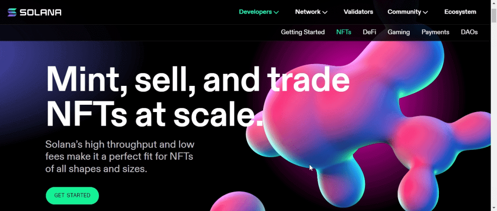 Solana blockchain for NFT homepage