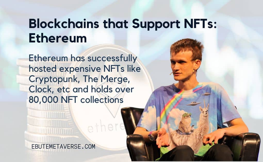 photo of ethereum founder vitalik buterin with sentences about blockchains that support nfts