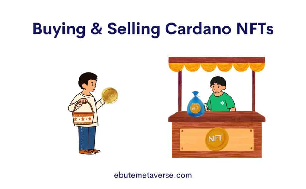 two animated characters in a marketplace trading cardano nft