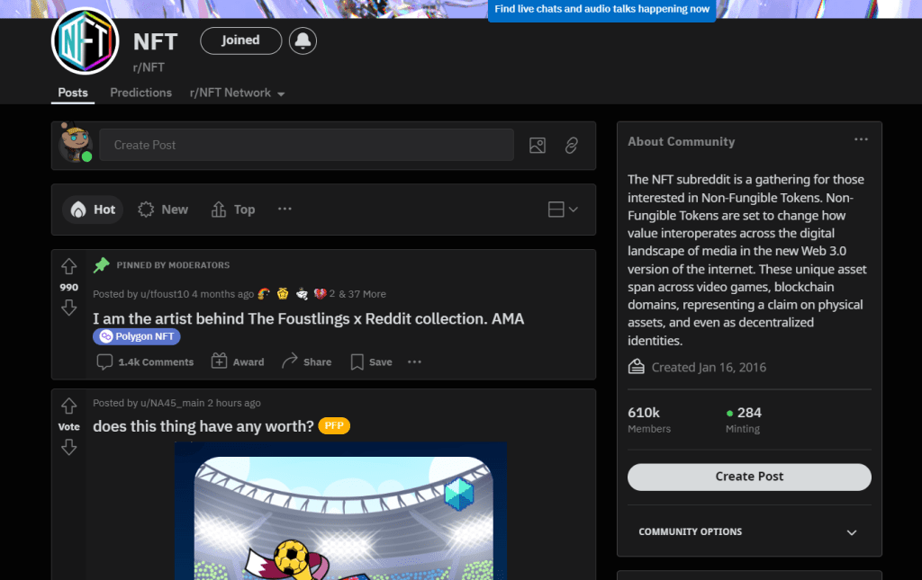 NFT subreddit page on Reddit