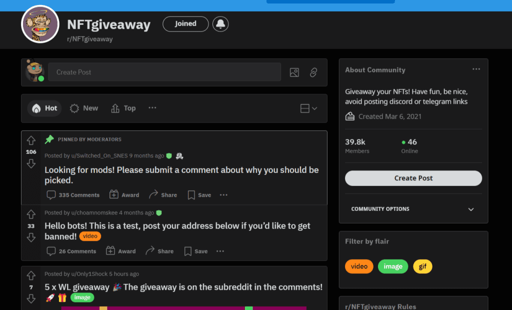 NFTgiveaway community on reddit