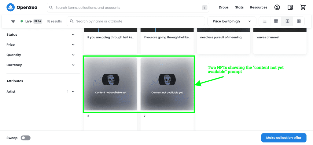 example of nfts showing opensea content not available yet