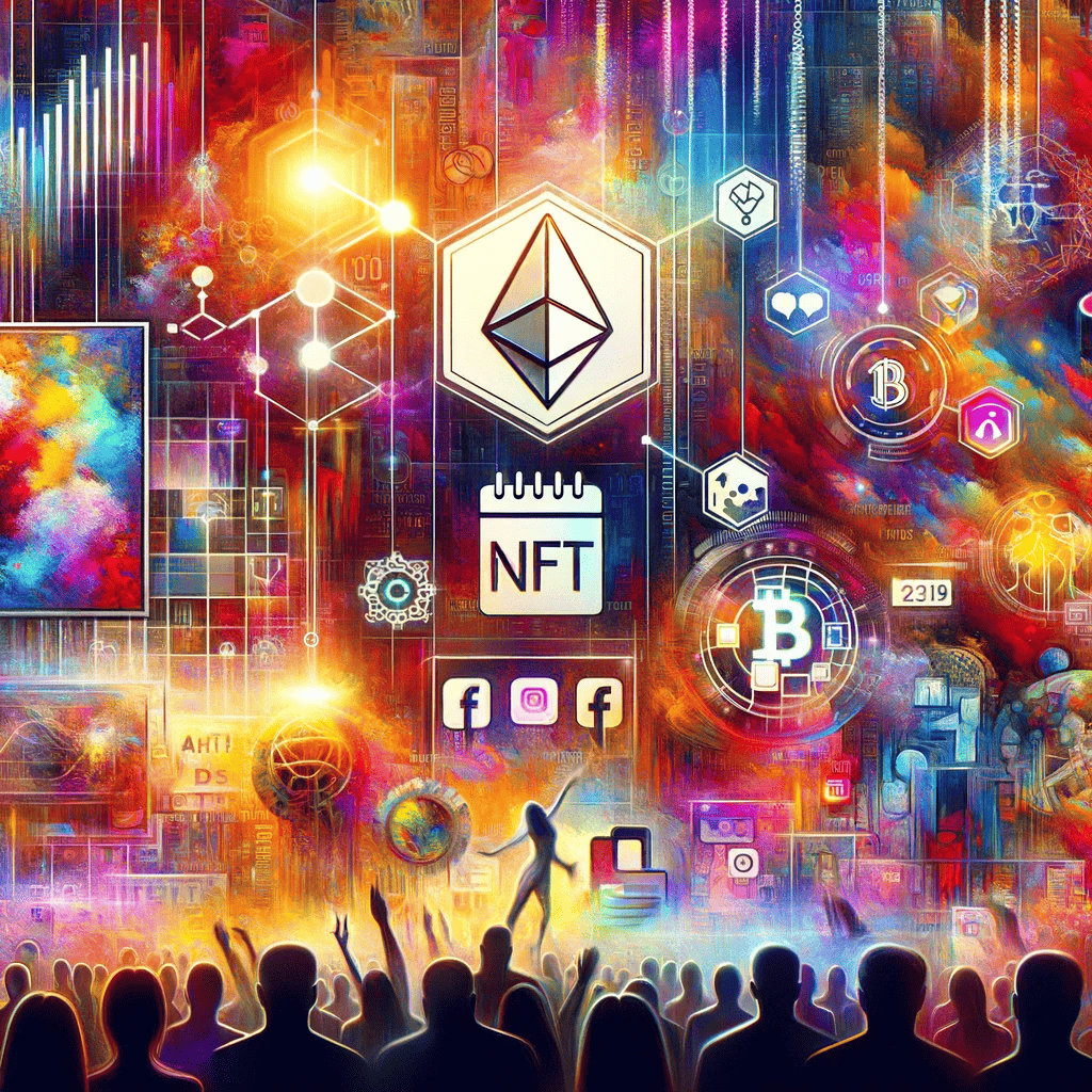 Collage of NFT art drops with abstract pieces, a date-highlighted calendar, crowd silhouette, social media icons, and blockchain motifs in a futuristic setting.